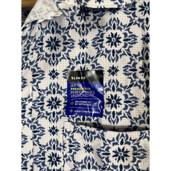 Apt 9 Premier Flex Slim Fit Shirt Button Up Size Large Mens White Blue Print NEW - Picture 8 of 12
